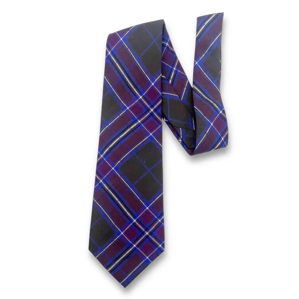 Polo Ralph Lauren Silk Tie Sporty Prep Navy Plum Black Plaid Classic Necktie